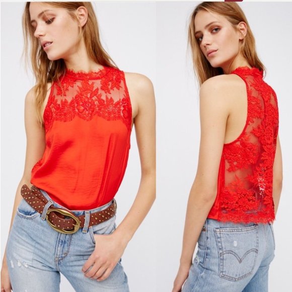 Free People Tops - Free People "Tied to You" Red Sheer Lace Open-Back Tank Top - Size Medium